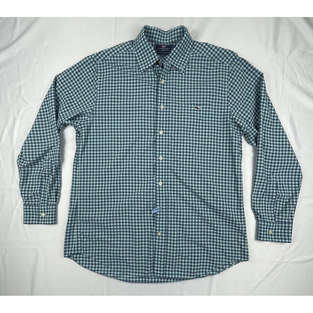 VINEYARD VINES TUCKER SHIRT MENS LARGE BLUE GREEN GINGHAM CHECK SLIM FIT NYLON